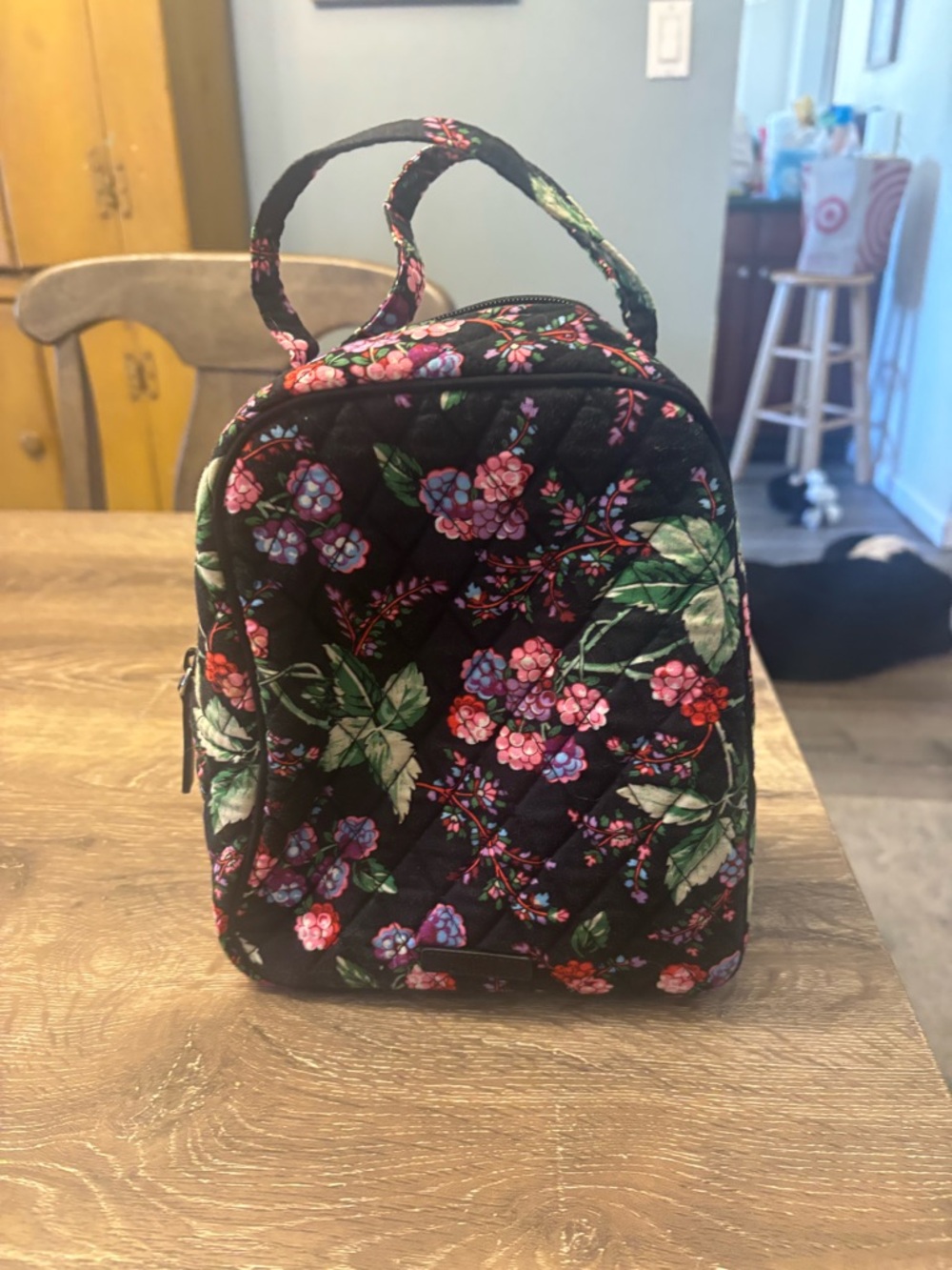 Vera Bradley Black Quilted Floral Cosmetic Case with Pink & Green Accents